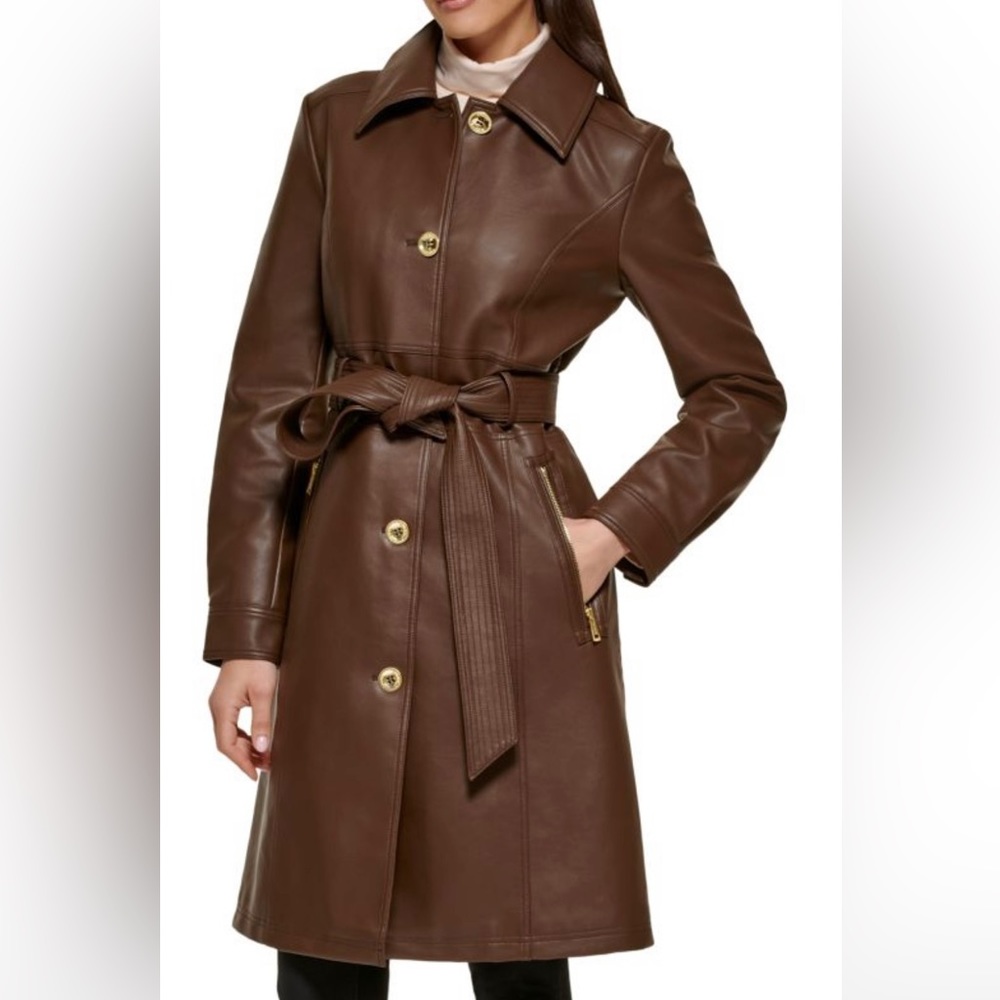 Guess Belted Faux Leather Trench Coat - Chocolate
